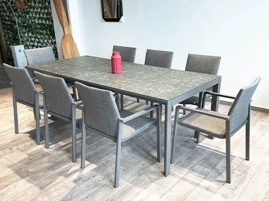 בורקאי - פינת אוכל 220 אפור כולל 8 כסא אלומיניום מרופד GARDA