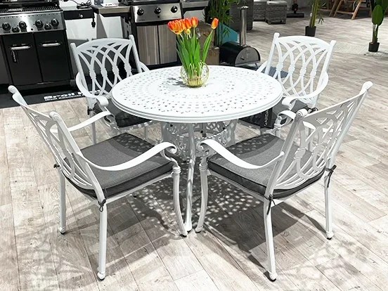 פראג - פינת אוכל לבן שולחן עגול 100ס"מ כולל 4 כסא + ריפוד קלאס אלומיניום GARDA