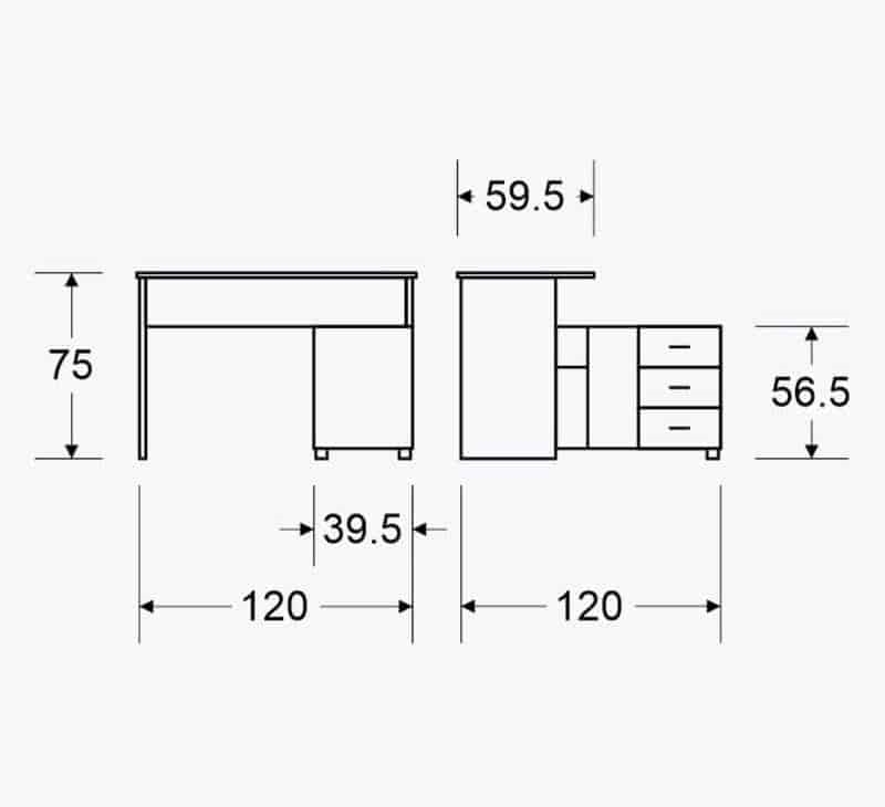 שולחן פינתי 3 מגירות לבנות מקום לכונן מדפסת וקלסרים שיטה דגם יראון 229