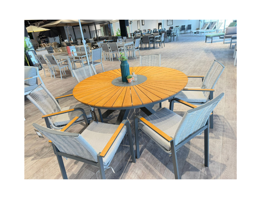 תיא - פינת אוכל שולחן אפור 150ס"מ כולל 6 כסא אלומיניום/טיק  GARDA