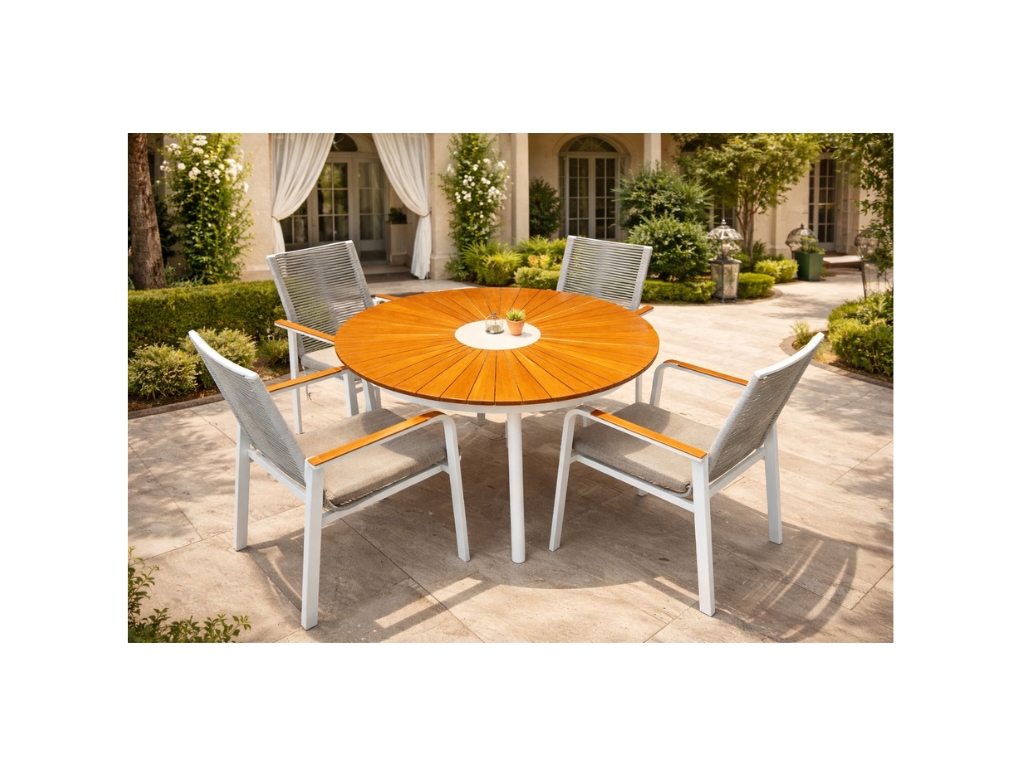 טאיה - פינת אוכל שולחן אוף ואיט 120ס"מ כולל 4 כסא אלומיניום/טיק  GARDA