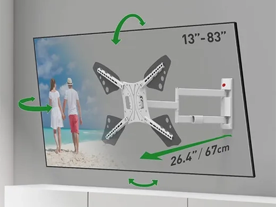 83 - 13 זרוע ברקן ארוכה למסכי טלוויזיה, עם הרחקה מהקיר עד 67 ס"מ, סיבוב והטייה של המסך זרועות ברקן