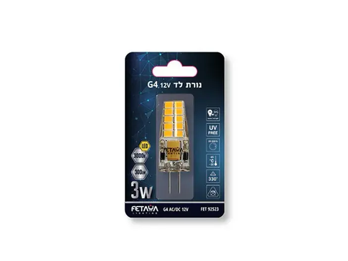 נורת לד 12V AC/DC G4 גון 30K קר-300LM FETAYA פתיה