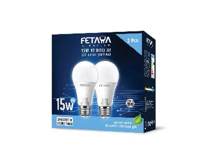 זוג נורות לד A65 ליבון 15W הברגה E27אור קר 65K FETAYA פתיה
