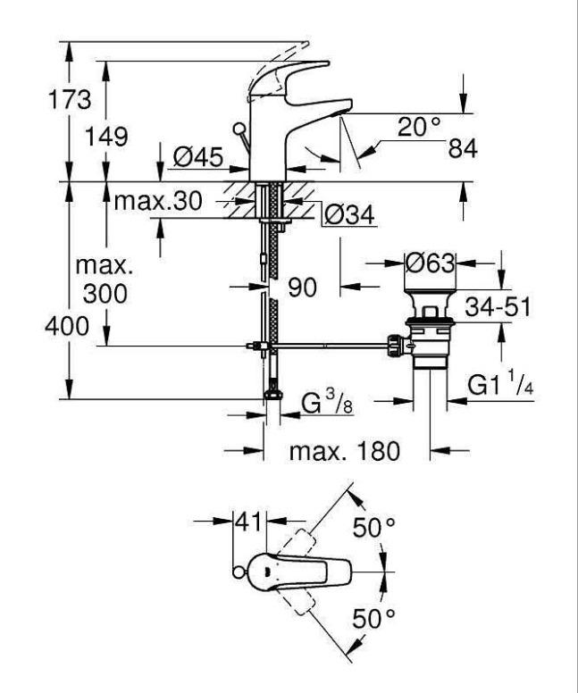 ברז פרח פיה קצרה START CURVE 23805000 גרואה (Quick Fix) GROHE