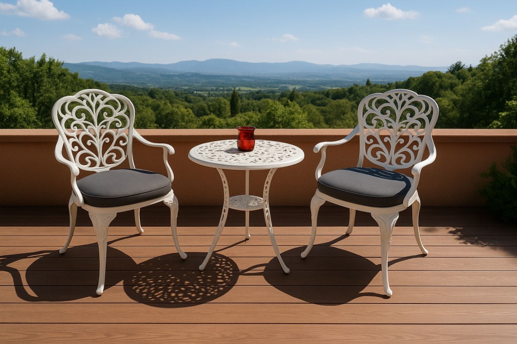 קסטל - פינת ישיבה לבן שולחן עגול  60 ס"מ כולל 2 כסא + ריפוד אלומיניום GARDA