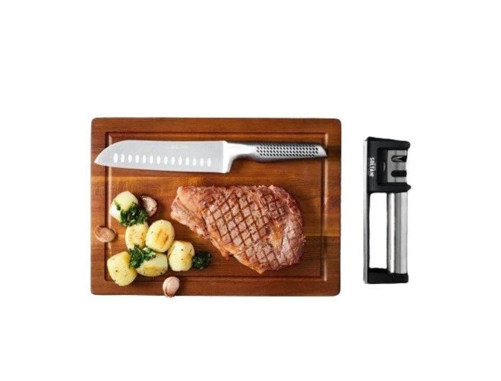 מארז 3 סכין סנטוקו 17.7 ס"מ משחיז ובוצר עץ CULINARY סולתם SOLTAM