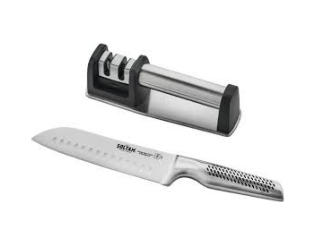 מארז 3 סכין סנטוקו 17.7 ס"מ משחיז ובוצר עץ CULINARY סולתם SOLTAM